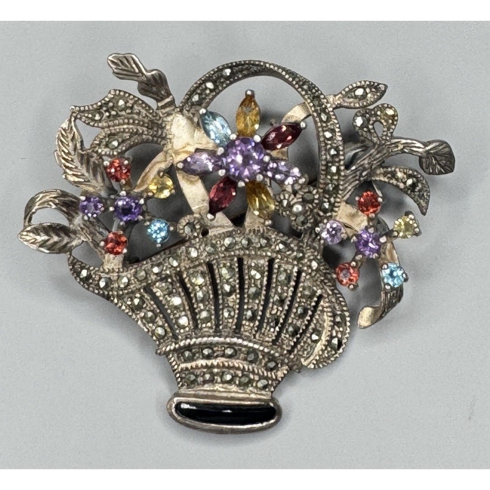 925 Silver Flower Basket Brooch/Pin Marcasite Gemstones 1960s 16g Vintage